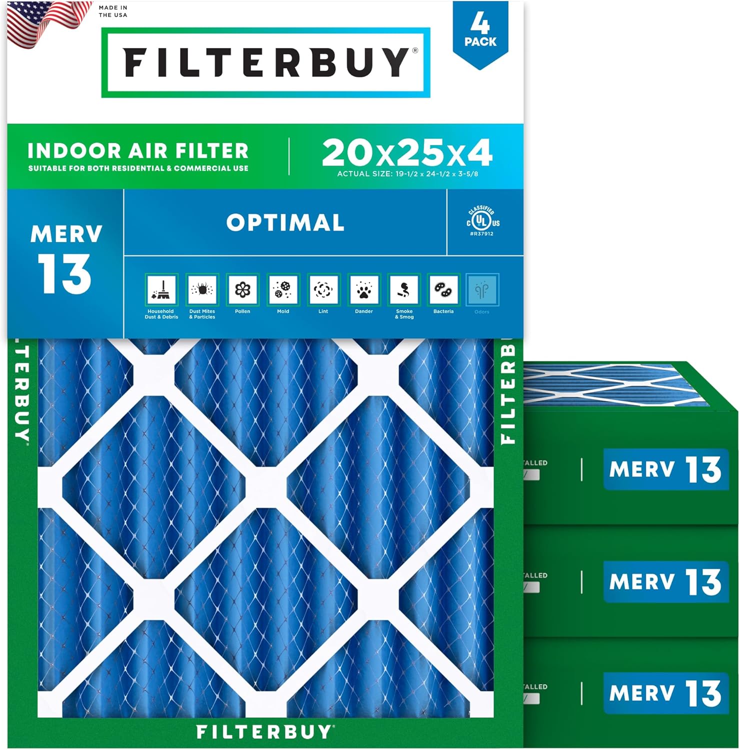 Filterbuy 20x25x4 Air Filter MERV 13 (MPR 1900) He...