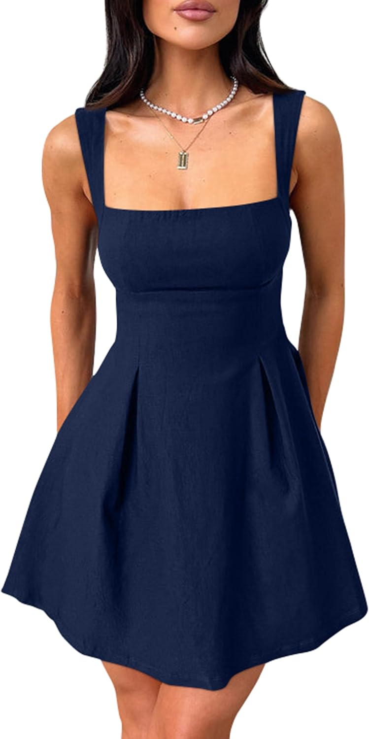 YMDUCH Women's Sexy Sleeveless Square Neck Adjustable Straps Bow Tie A-line Mini...