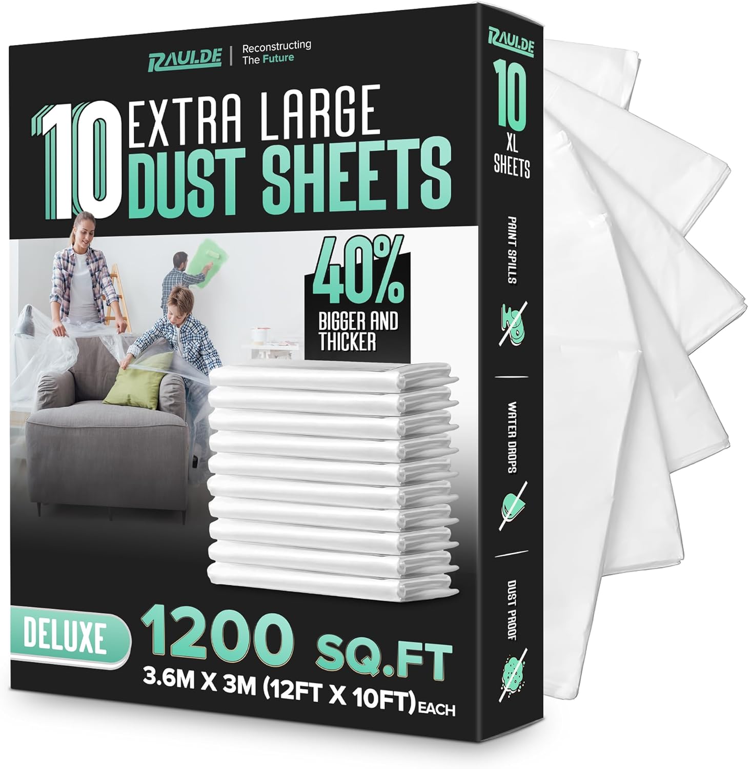 RAULDE Pack of 10 Large Plastic Dust Sheets for Decorating & Painting- 3.6m x 3m...