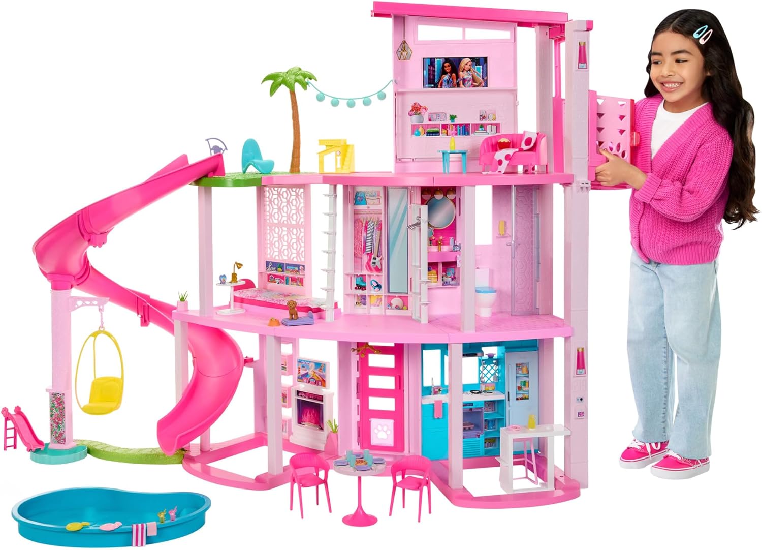 Barbie Dreamhouse, 3-Storey House with 10 Play Areas Including Pool, Slide, Elev...