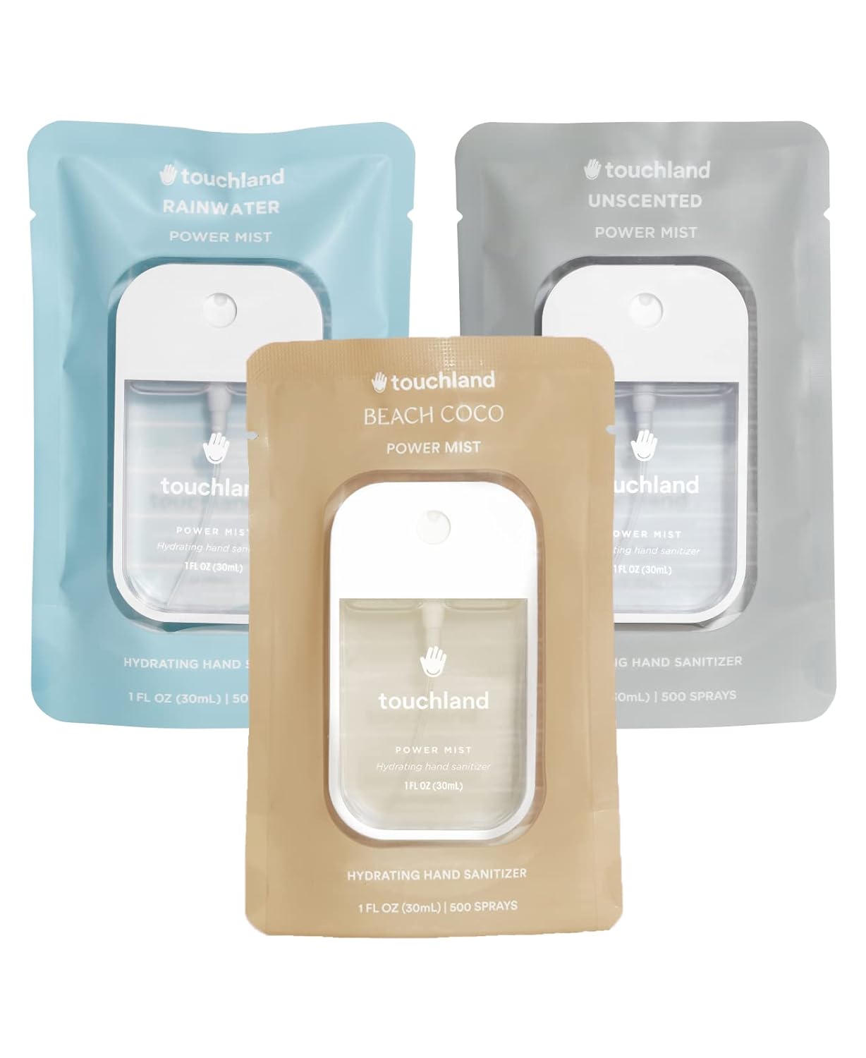 Touchland Power Mist Hydrating Hand Sanitizer Spray, DYE FREE Trio Set (Rainwate...