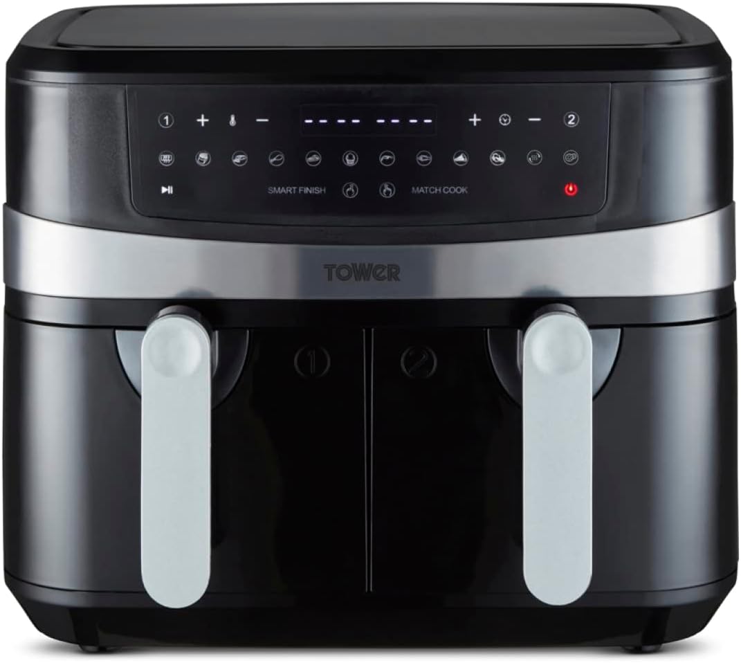 Tower T17088 Vortx 9L Dual Basket Air Fryer with Smart Finish, 2600W, Black 9L D...