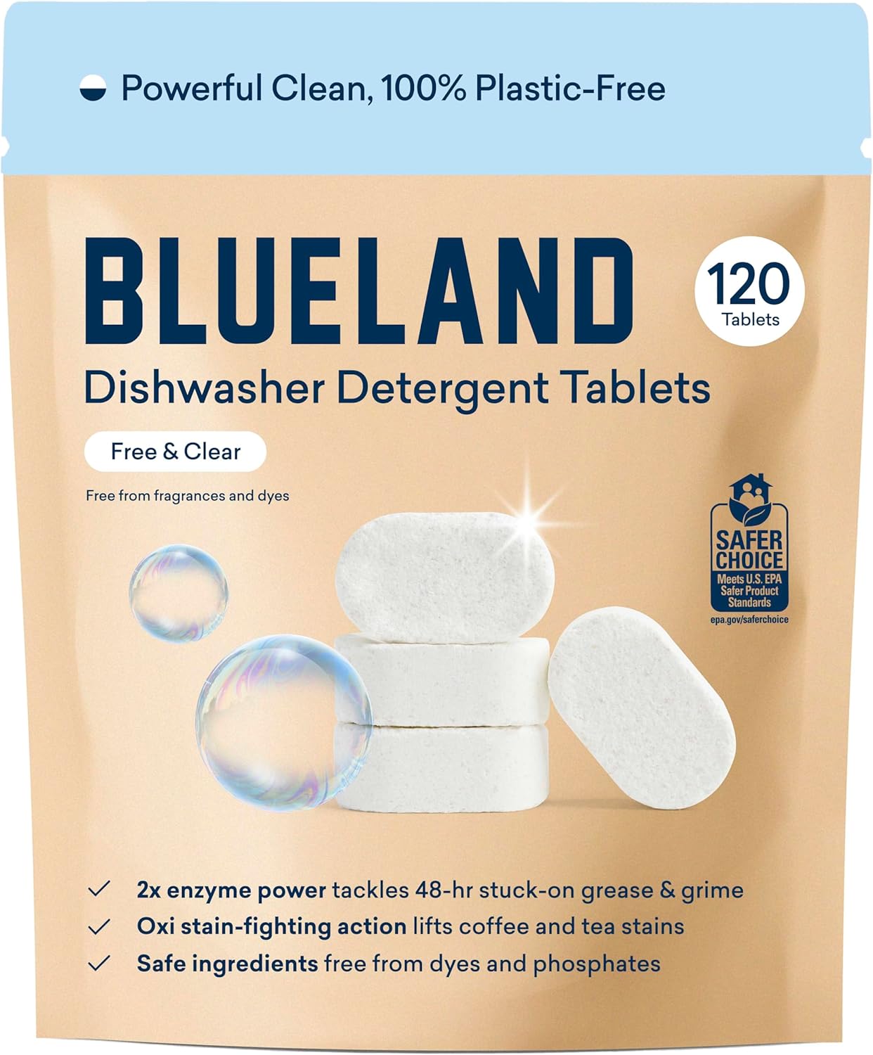 BLUELAND 100% Plastic-Free Dishwasher Detergent Tablets, 120 Count, Free & Clear...