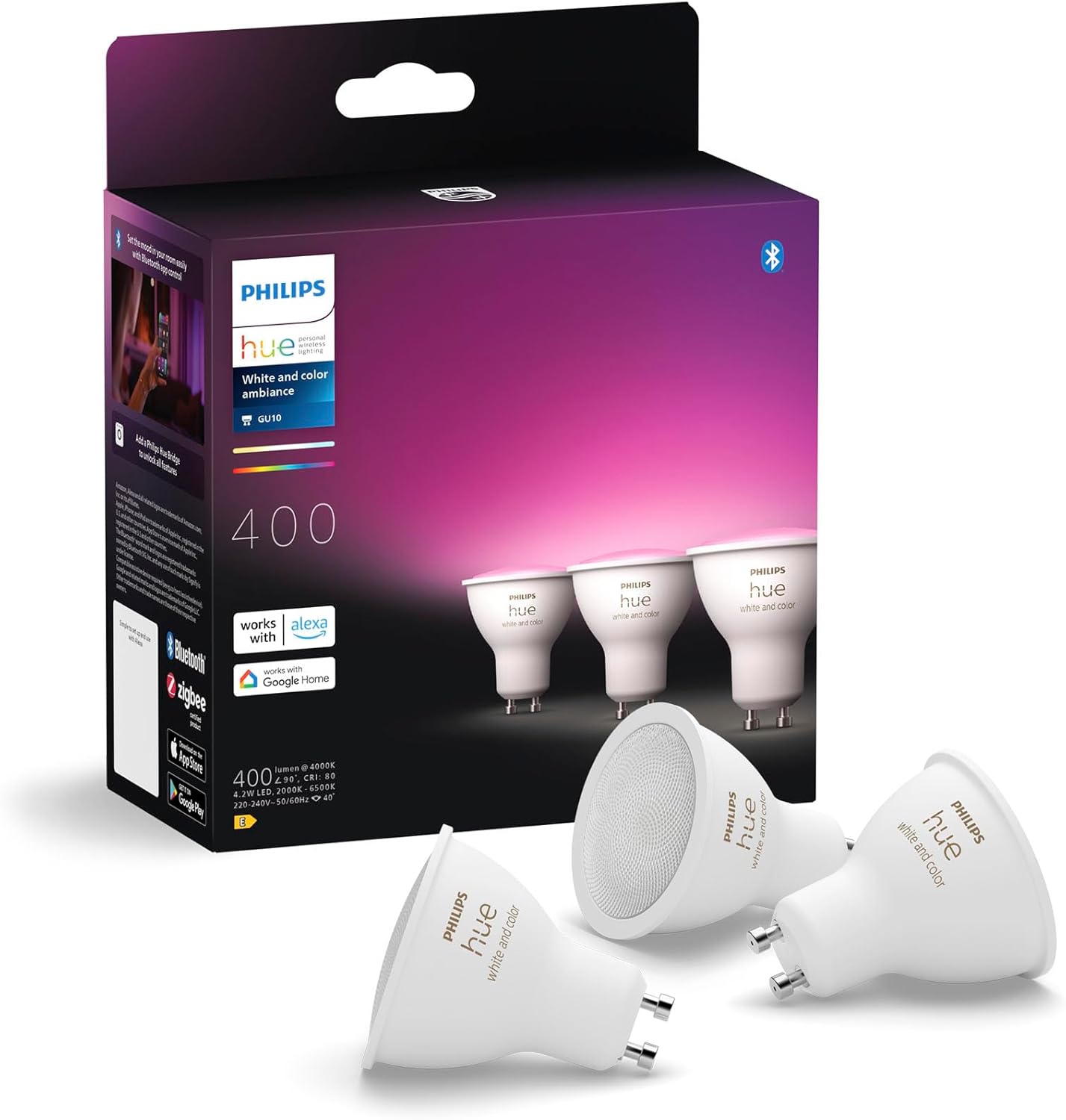 Philips Hue GU10 – Smart Spotlight – (3-Pack) White and Colour Ambiance GU10 3 P...