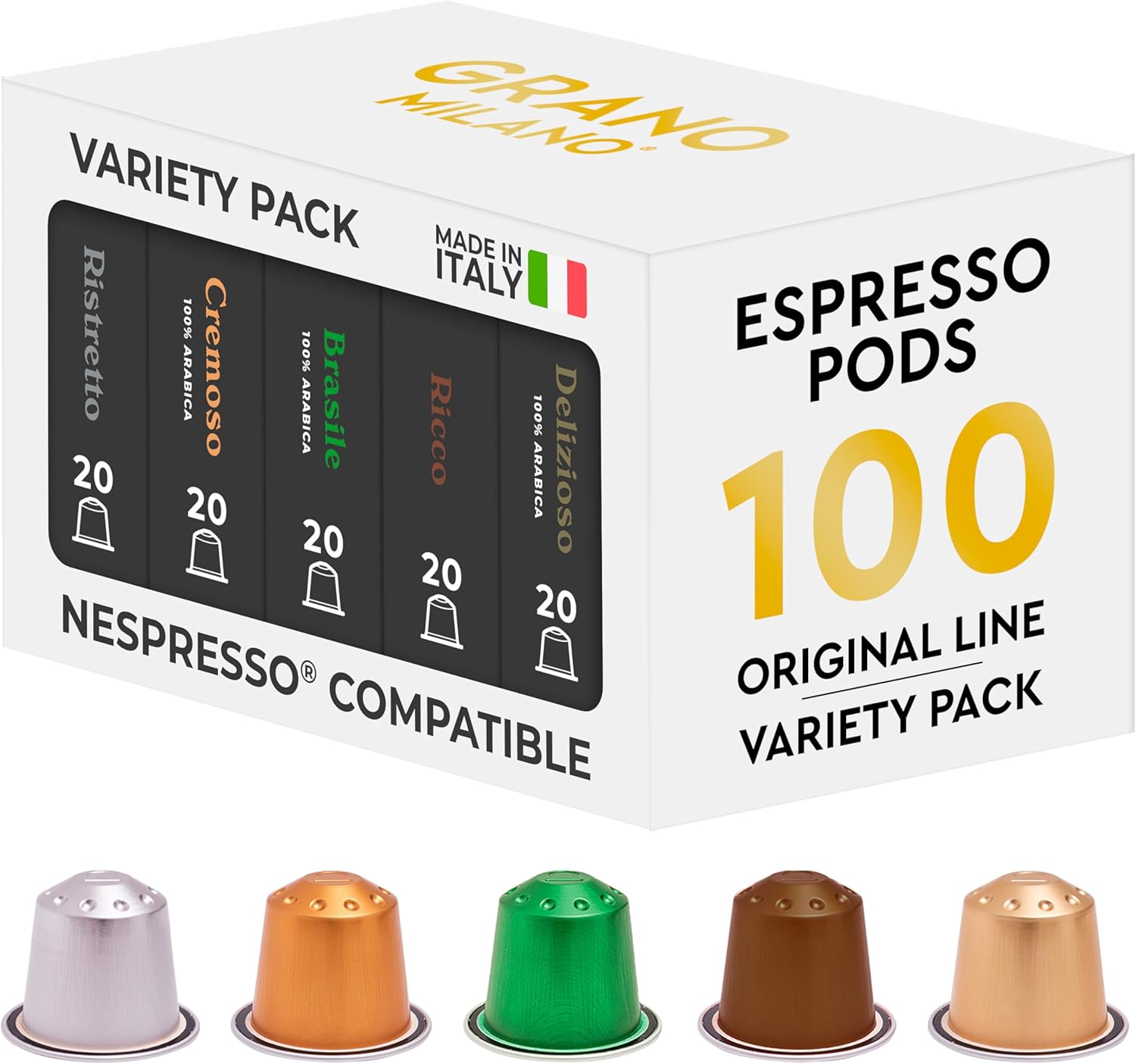 Grano Milano Variety Pack Coffee Capsules - 100 Aluminium Coffee Pods Compatible...
