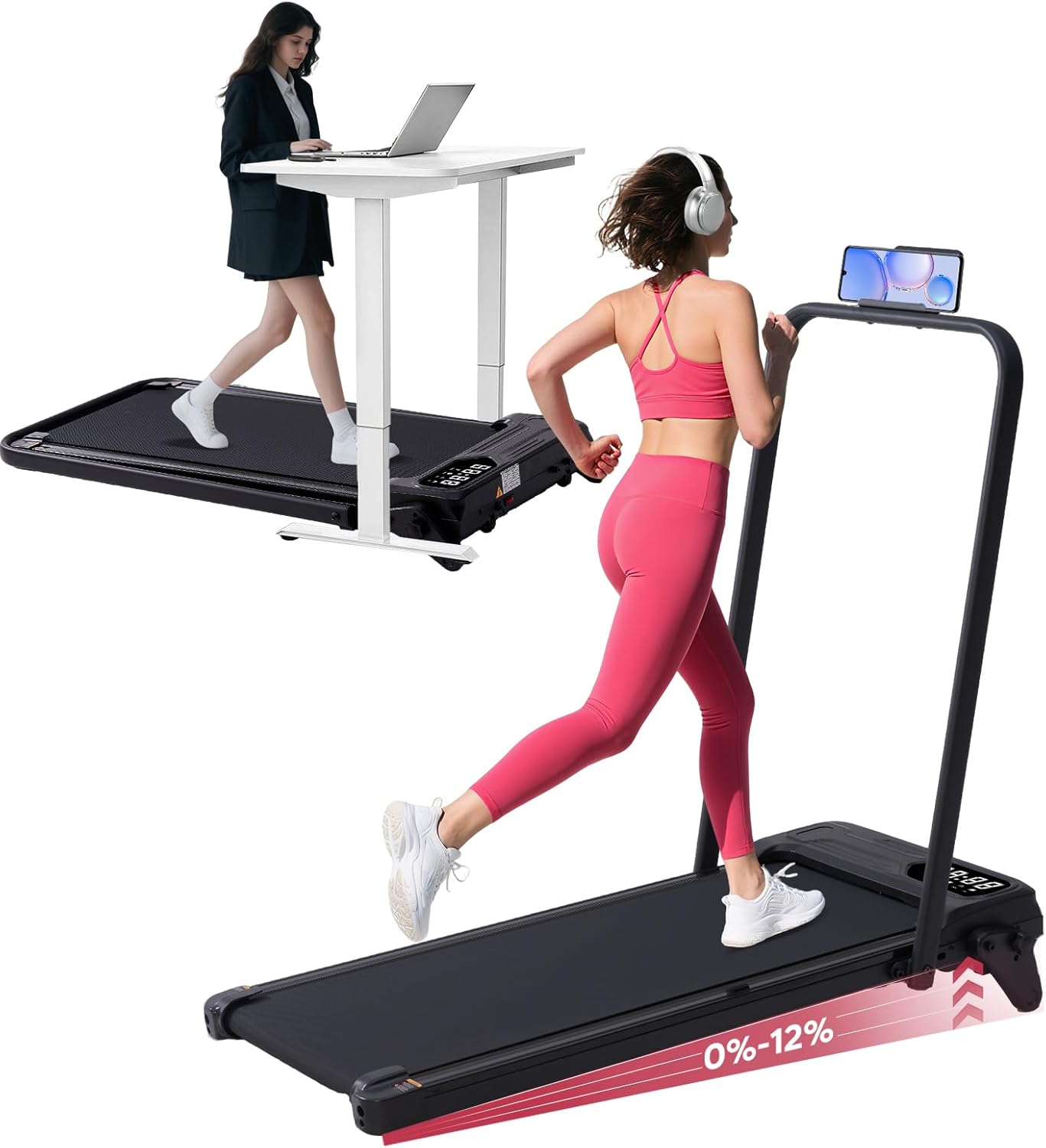 Foldable Walking Pad Treadmill with Adjustable Incline and Handle Bar, 3.5HP Por...