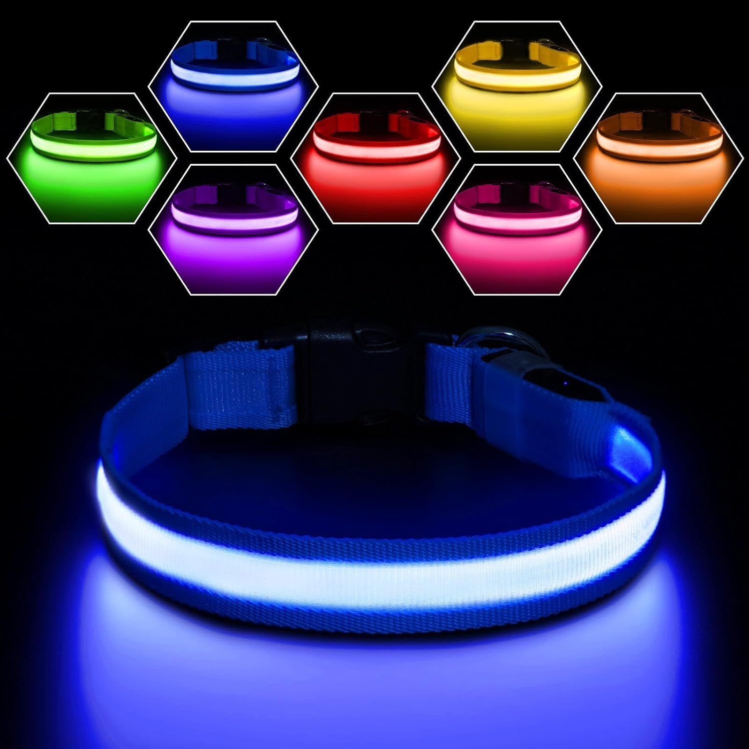 Pceotllar Light Up Collar - Rechargeable Flashing LED, Waterproof, 7 Colors, Blu...