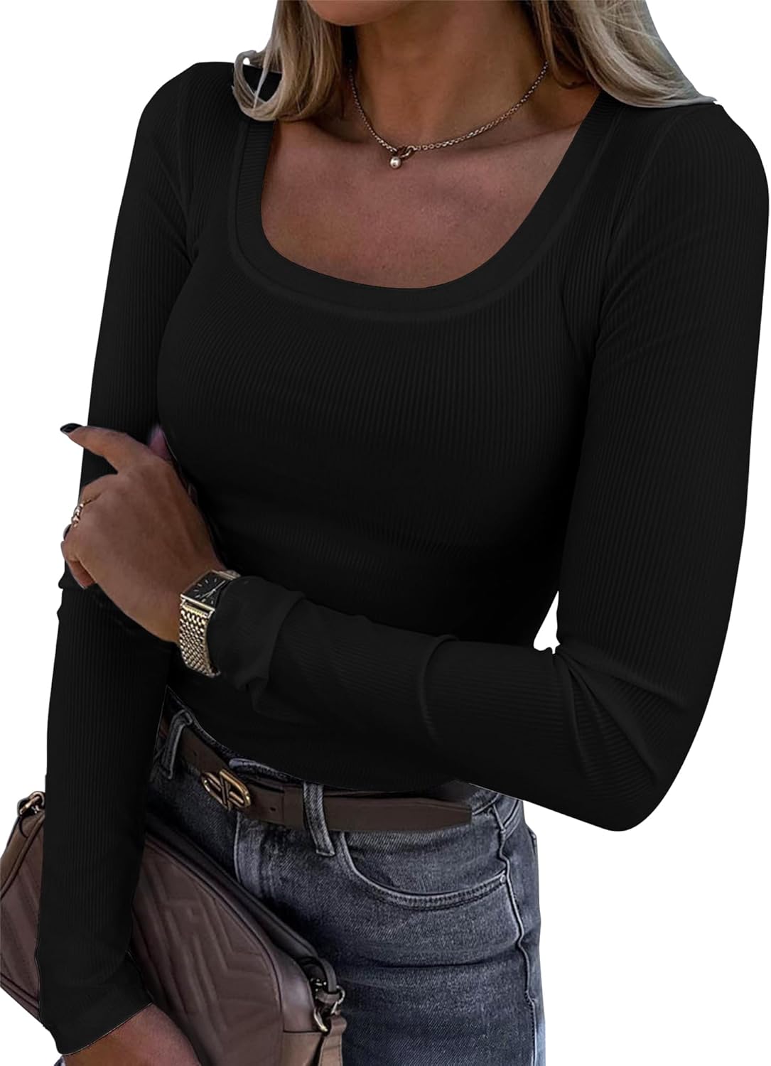 High-Quality Roselux Women's Long Sleeve Top, Unique Scoop Neck Ribbed Knit Fit,...