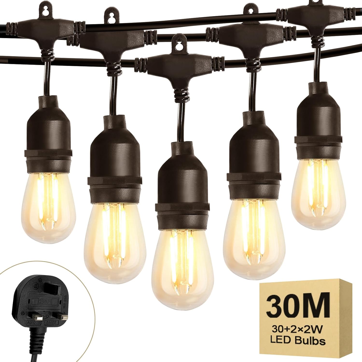 Spacelumen 98FT Outdoor String Lights Mains Powered, 32 Pcs 2W S14 LED E27 Screw...