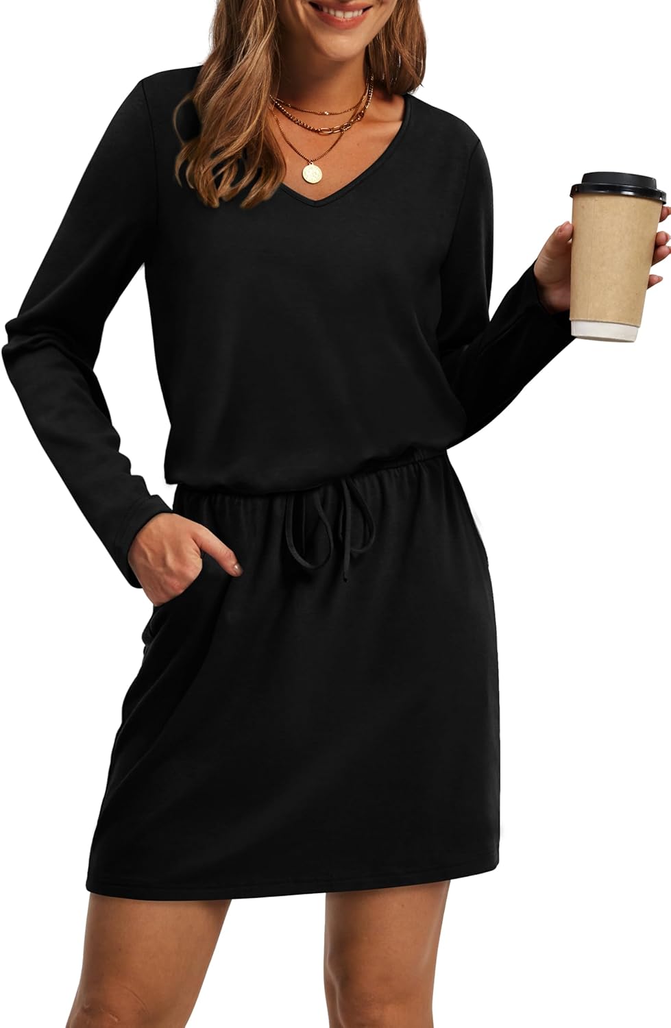 OFEEFAN Fall Dresses for Women 2025 Loose V Neck Long Sleeve T Shirts Casual Sun...