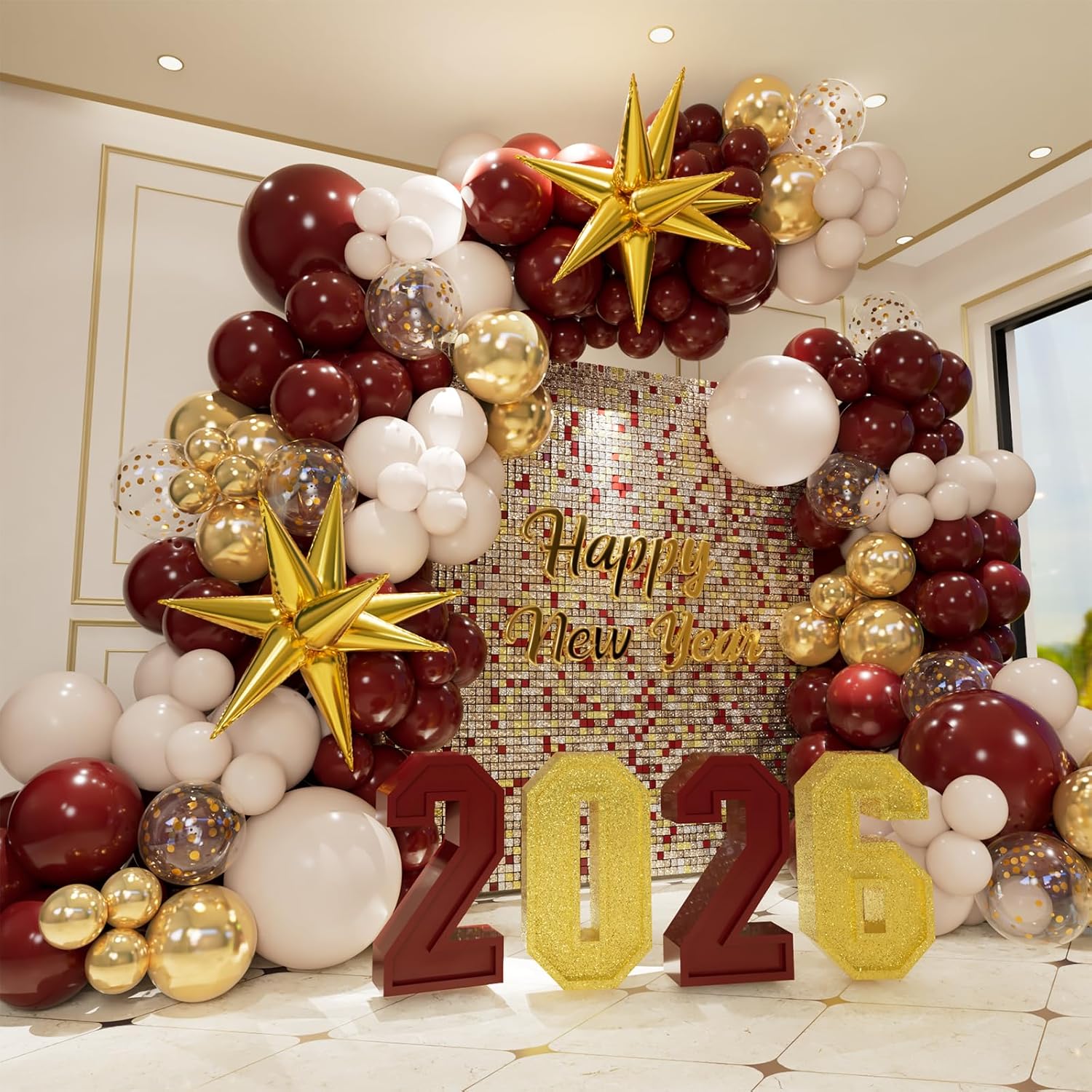 Burgundy Balloon Arch Garland Kit,Boho White Sand Burgundy and Gold Chrome Latex...