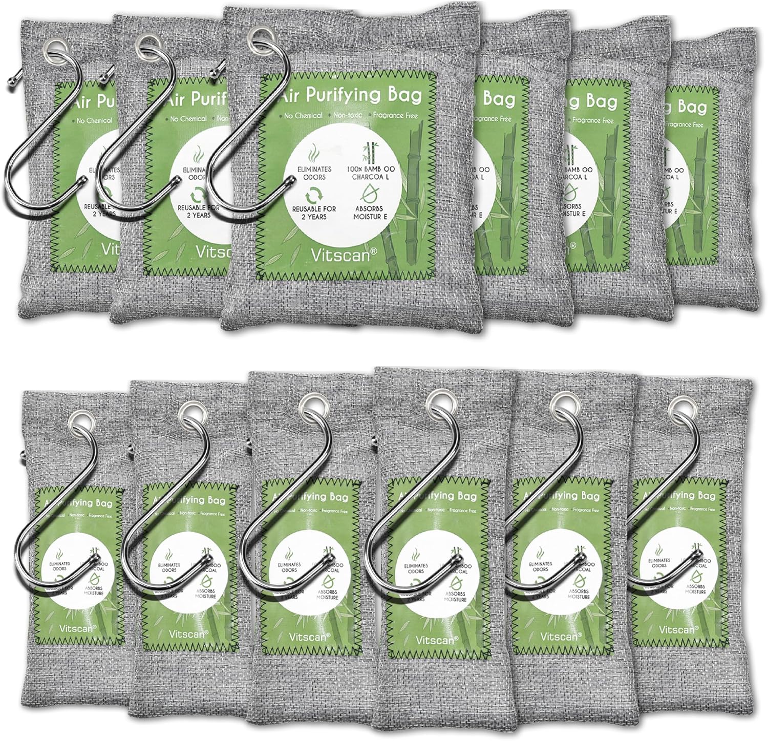 Bamboo Air Purifying Bags, 12 Pack, Activated Charcoal Odour Absorber, Moisture...