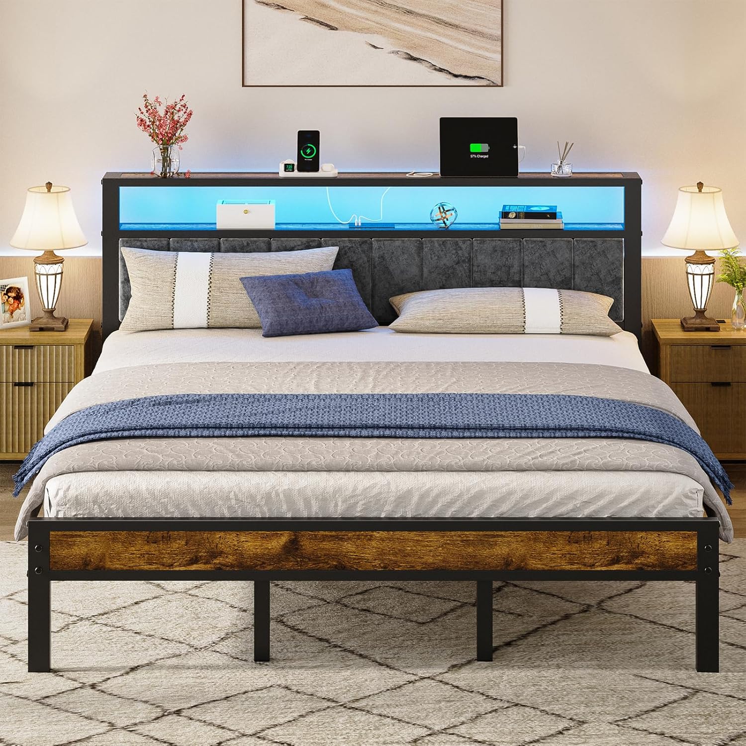 King Size Platform Bed Frame, Stylish Bed Frame with LED Lights, Unique Grey Uph...