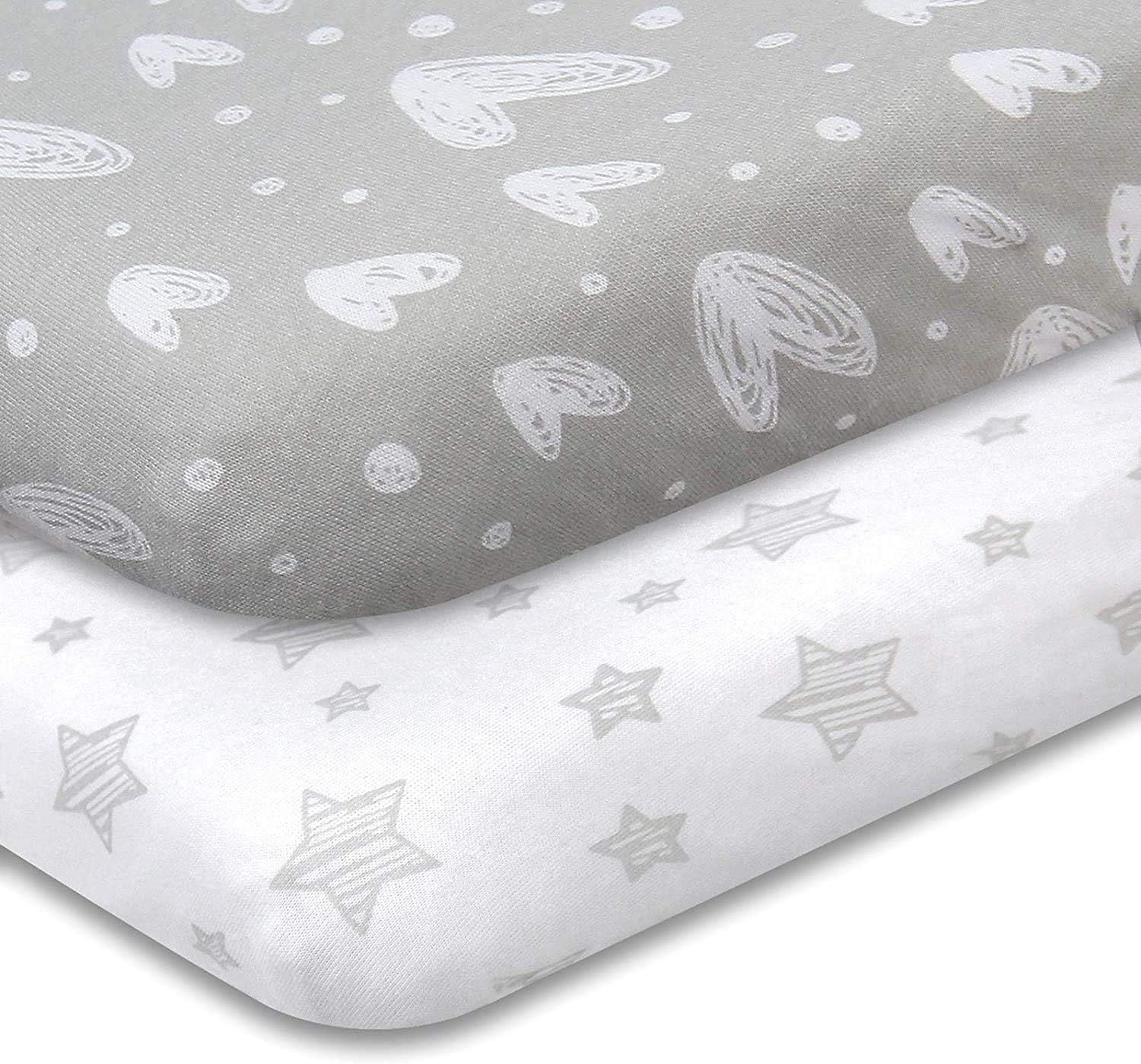 Travel Cot Sheets 95x65cm fitted 2 Pack, 100% Jersey Knit Cotton Sheets, Ultra S...