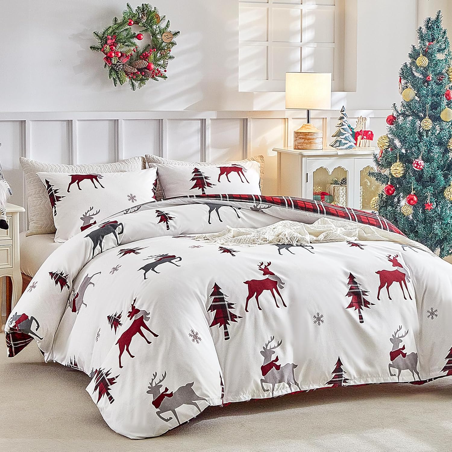Lekesky King Size Duvet Cover Sets, Special Christmas Reindeer Print Bedding, Hi...