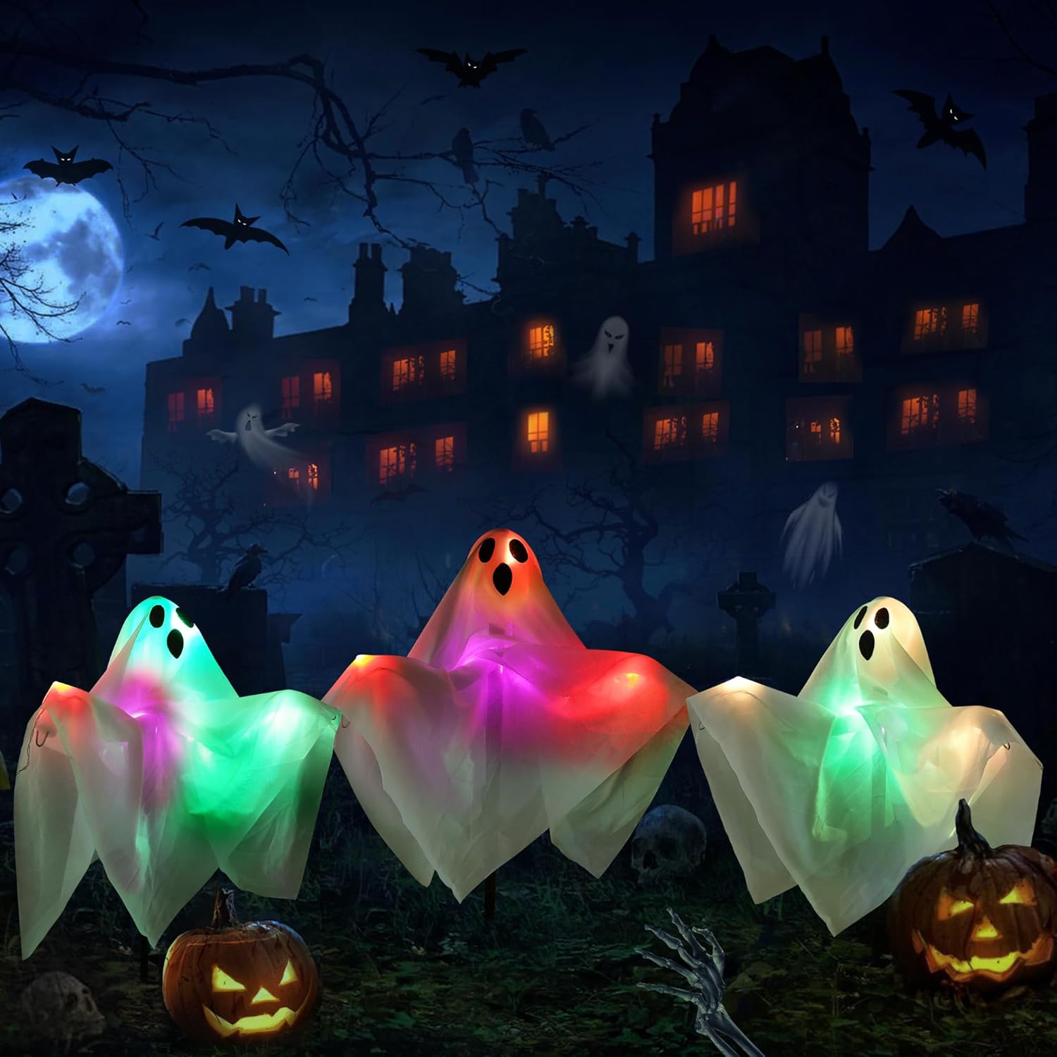 NEXVIN Halloween Decorations - 3 Pack Ghost Battery Stakes Lights with Timer, Ou...