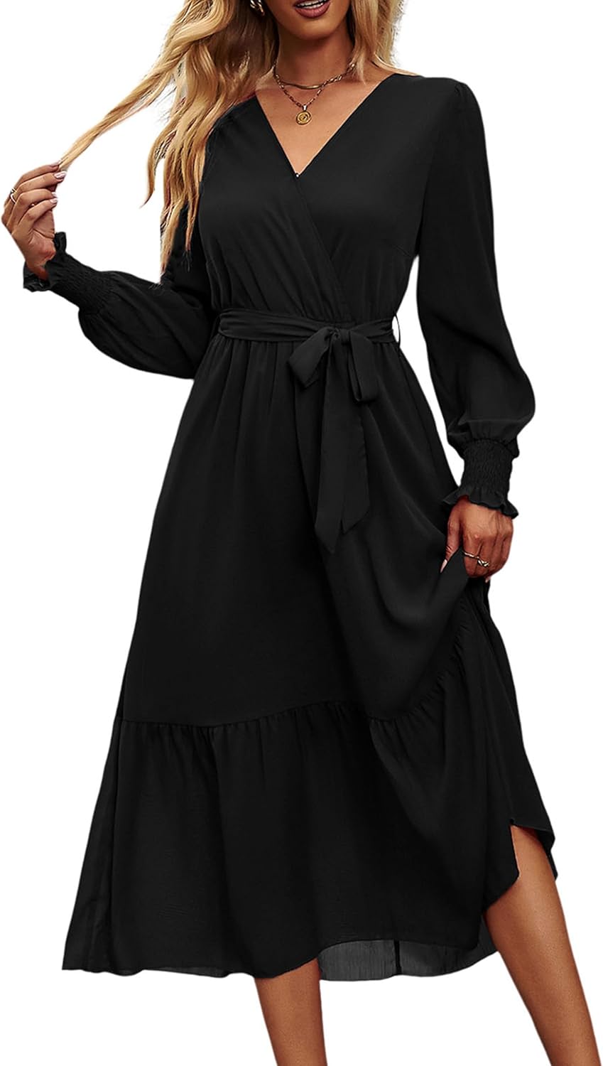 PRETTYGARDEN Women's Floral Boho Dress Fall Long Sleeve Wrap V Neck Ruffle Flowy...