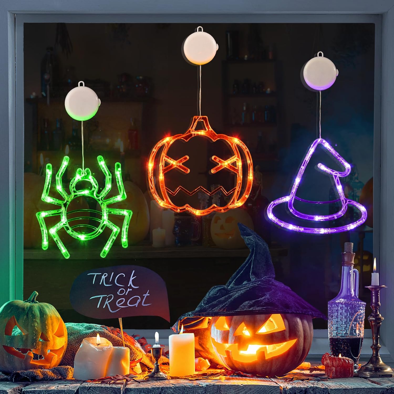 LOLStar Halloween Window Decorations 3 Pack Orange Pumpkin Green Spider Purple W...