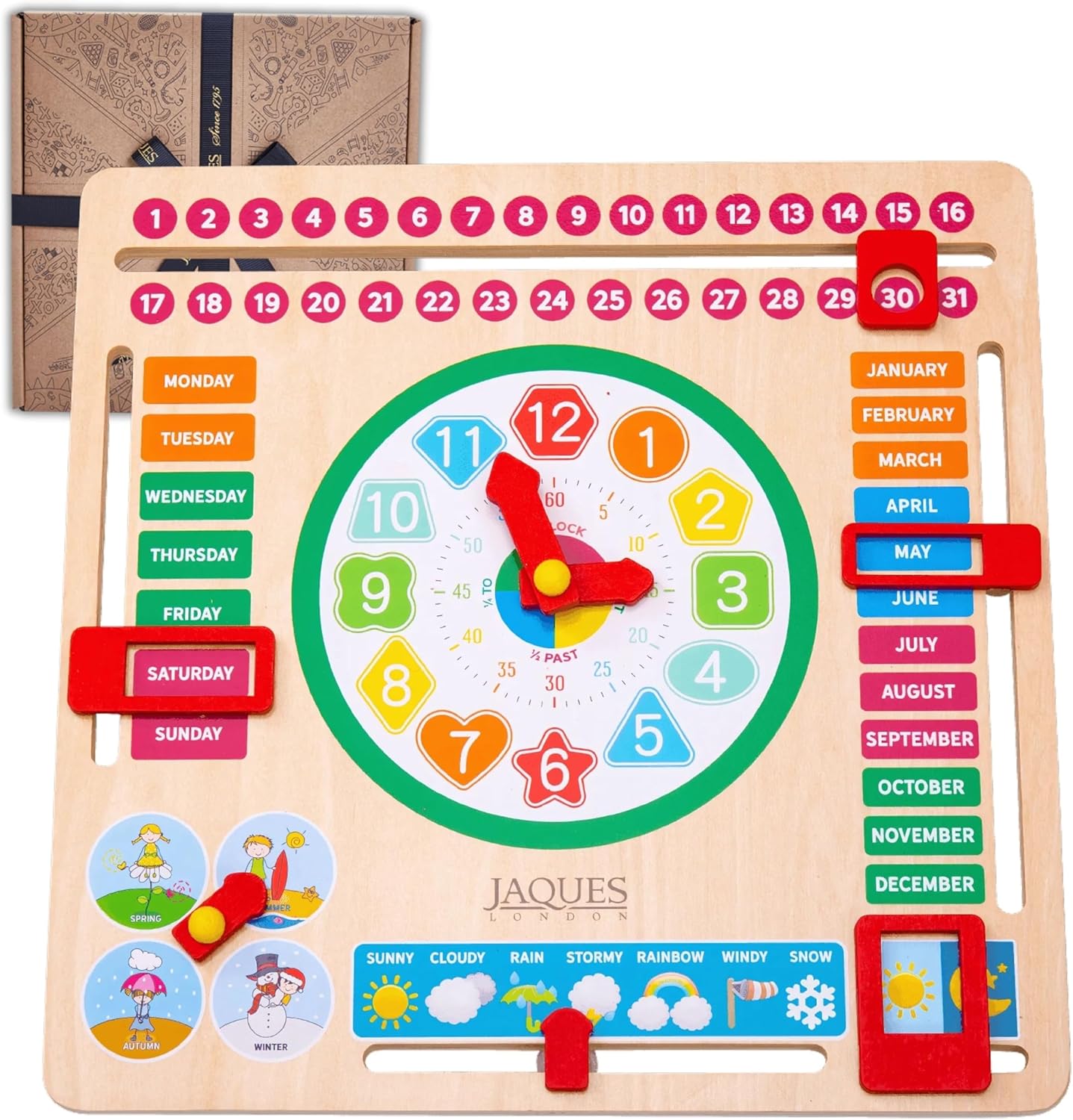 Jaques of London Learning Kids Calendar Clock | Wooden Educational Toys for 3 Ye...