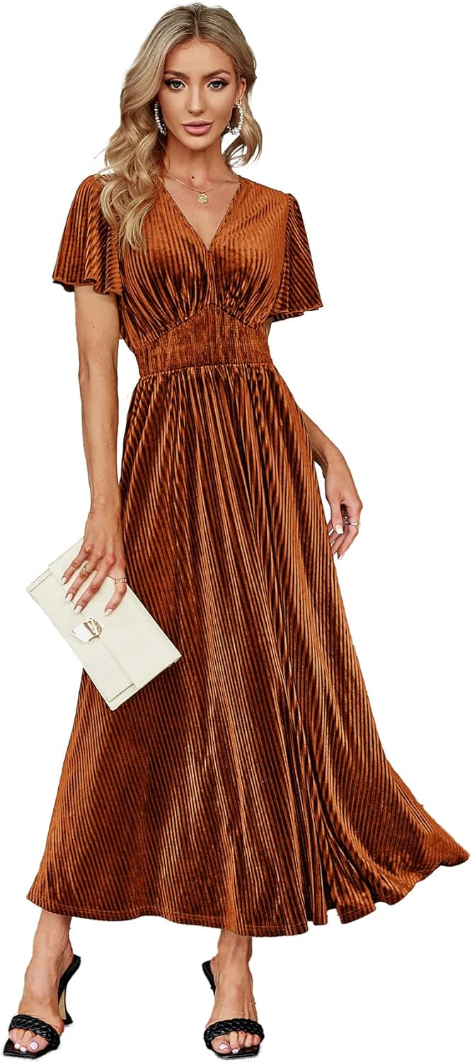 Simplee Women’s V Neck Velvet Maxi Dress Short Sleeve Empire Waist Long Formal D...