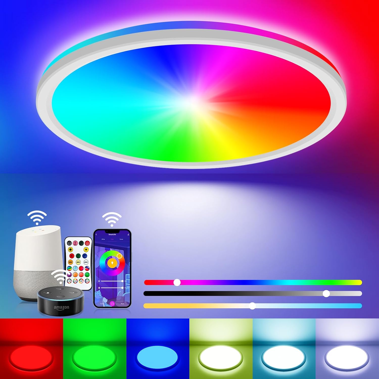 Peasur Smart RGB LED Ceiling Light, Special Dimmable 24W Ceiling Light with 3000...