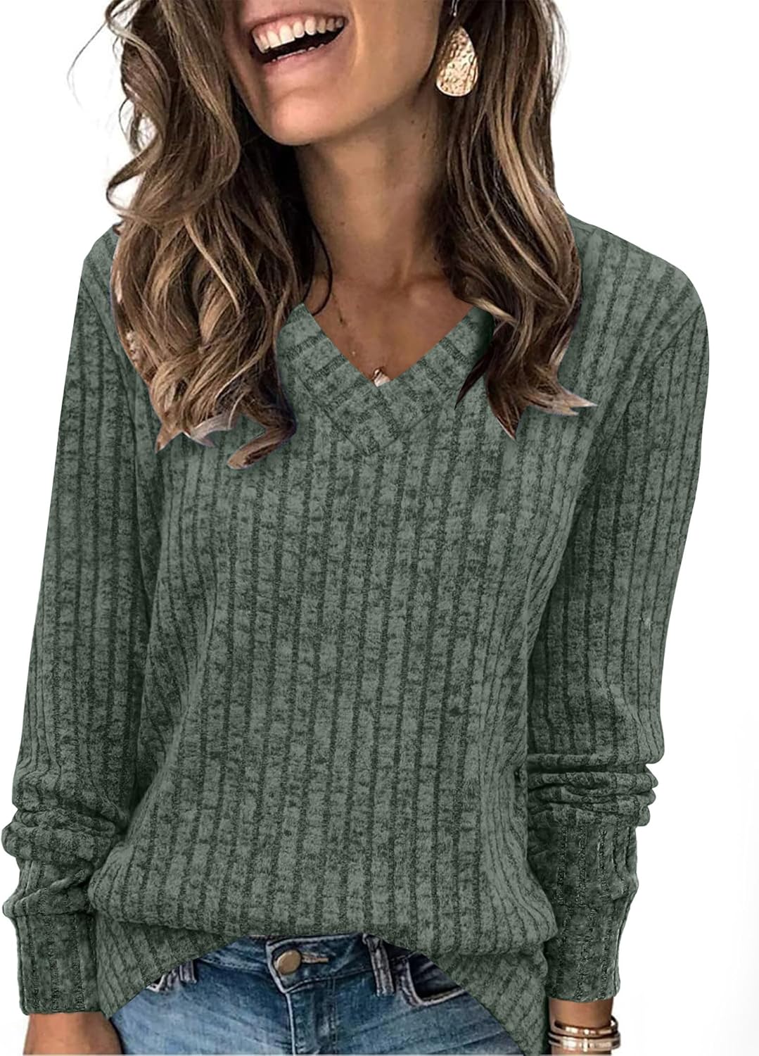 Sampeel V Neck Long Sleeve Shirts for Women Casual Fall Tops Lightweight Tunic S...