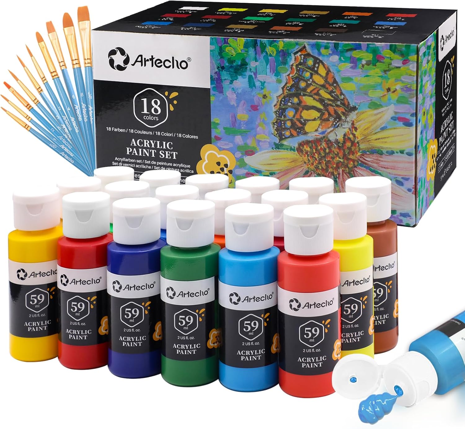 Artecho Acrylic Paints Set 18 Colors 2 Ounce/59ml with 10 Art Brushs, Non Toxic,...