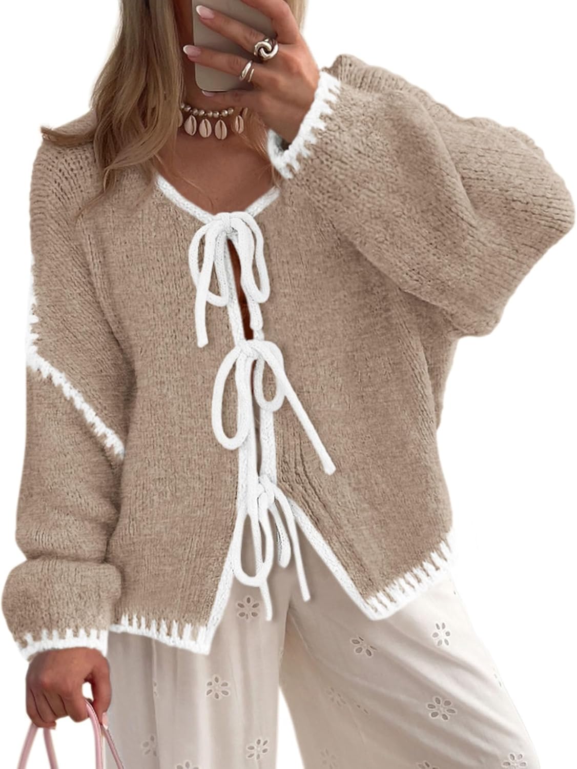 Stylish PRETTYGARDEN Women's Cardigan Sweaters, Trendy Tie Front Bow Sweaters, V...