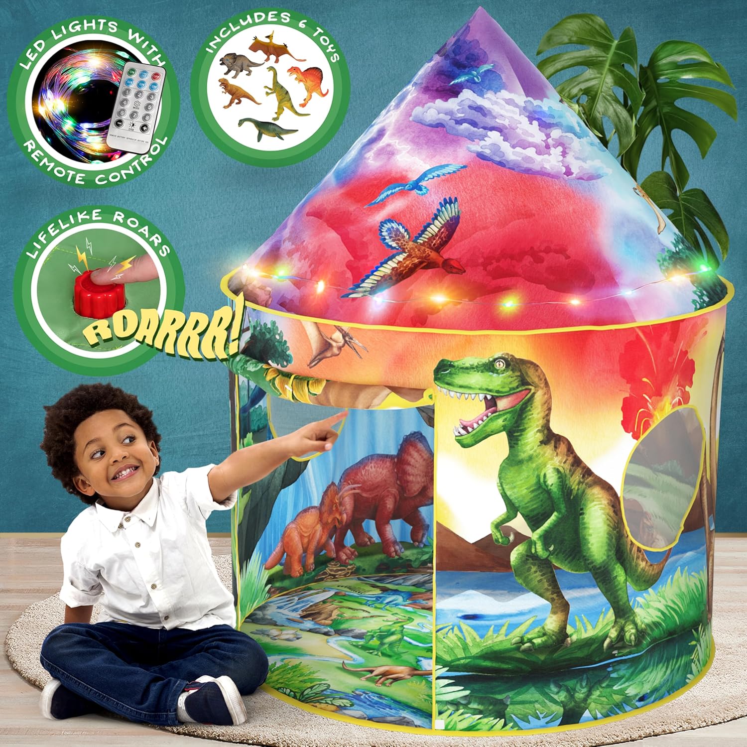 W&O Dinosaur Discovery Kids Tent with Roar Button, Dinosaur Toys and LED Lights...