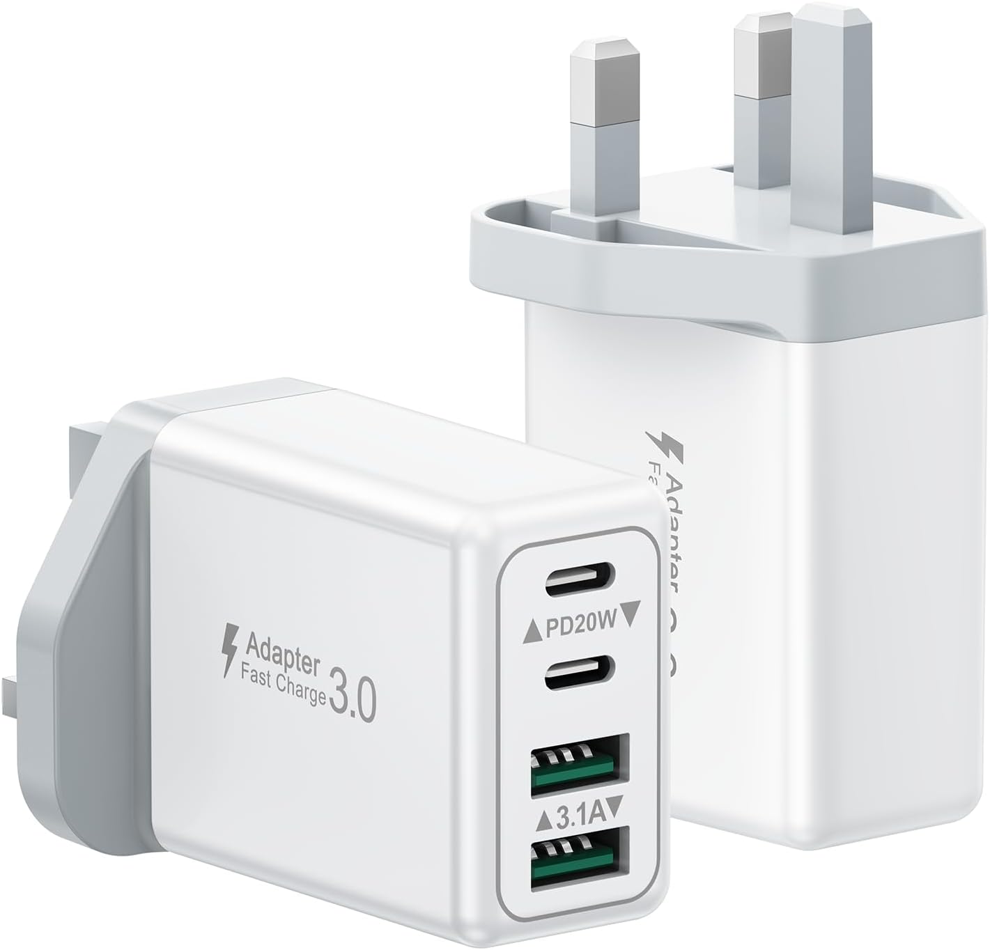 USB C Plug, High-Quality 2-Pack 40W 4-Port Fast Charger Plug UK, Efficient Dual...