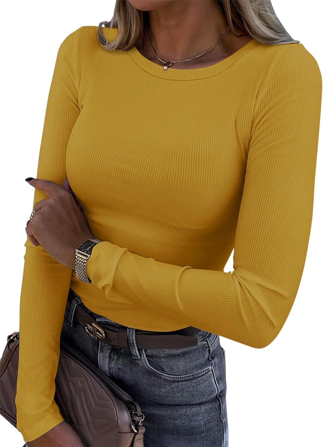 Stylish Roselux Womens Long Sleeve T-Shirt, Special Stretch Crewneck Ribbed T-Sh...