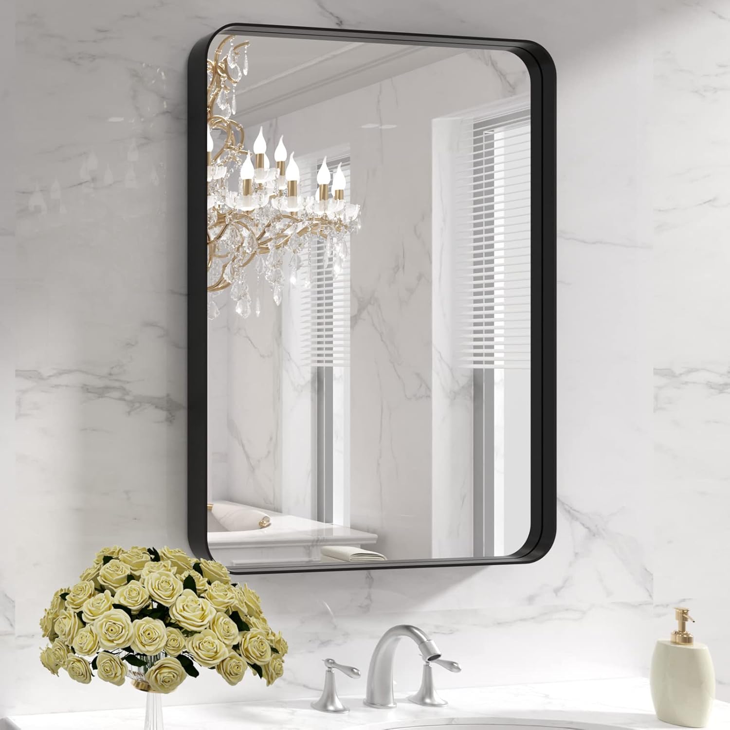 LOAAO Black Metal Framed Bathroom Mirror for Wall, 22X30 Inch Rounded Rectangle...