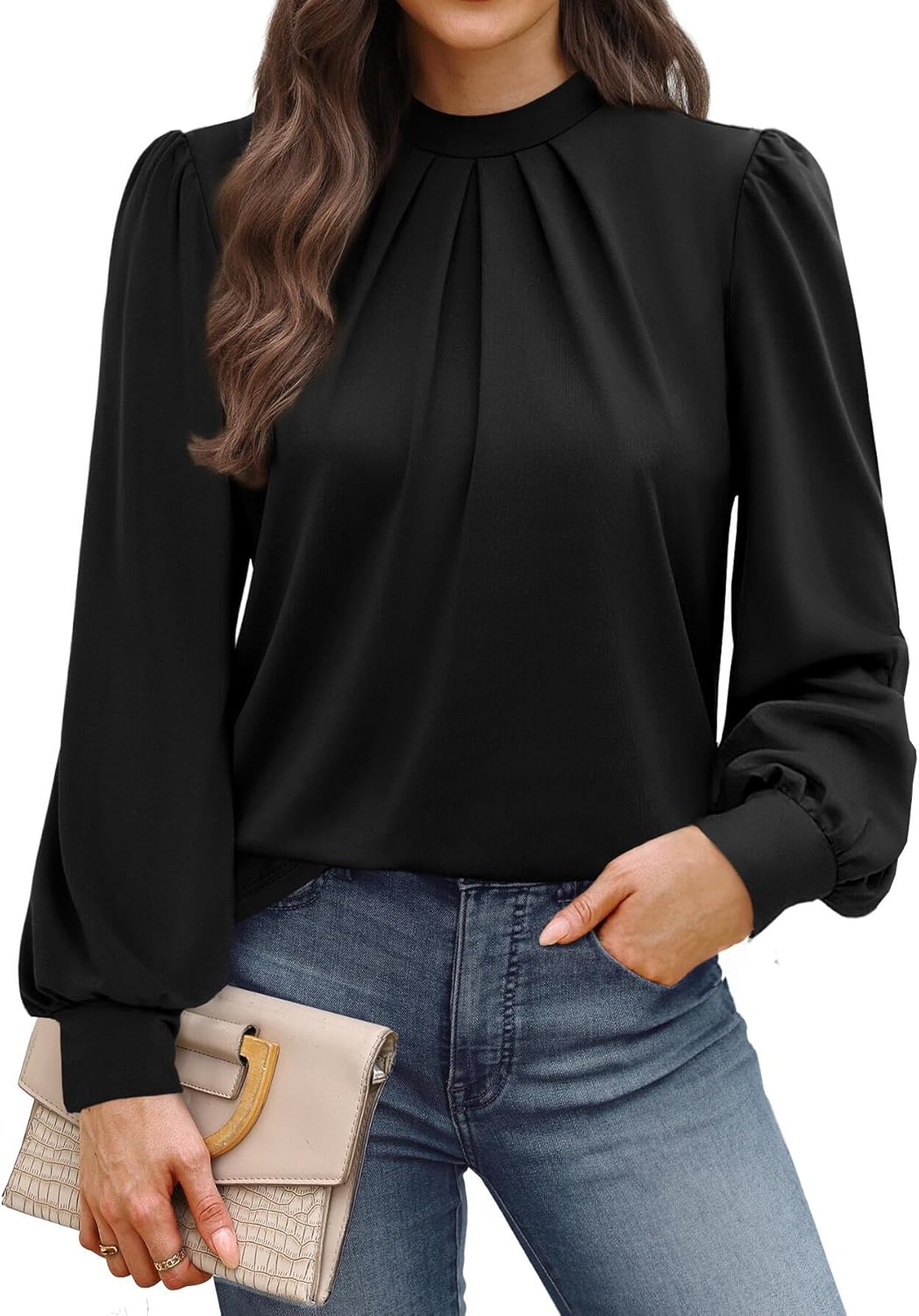 WIHOLL Long Sleeve Shirts for Women Mock Neck Tops Pleated Front Blouses Dressy...
