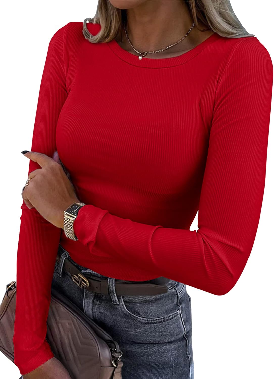 Premium Roselux Women's T-Shirt, Special Long Sleeve Stretch Crewneck, Elegant R...