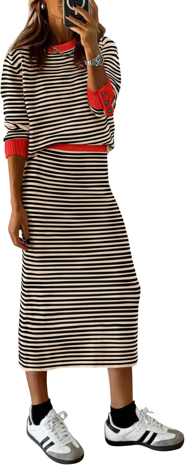 PRETTYGARDEN 2 Piece Skirts Sets For Women Fall Fashion 2025 Striped Sweater Dre...