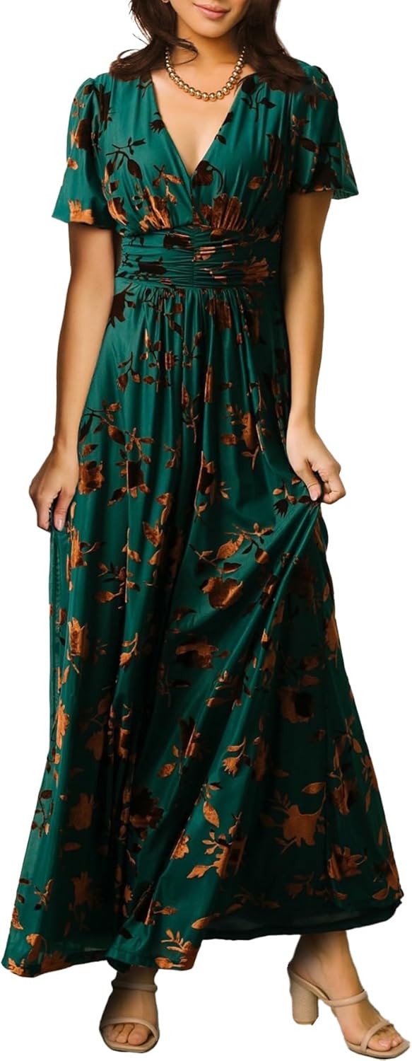 Simplee Women’s V Neck Velvet Maxi Dress, Special Long Formal Dress with Short S...