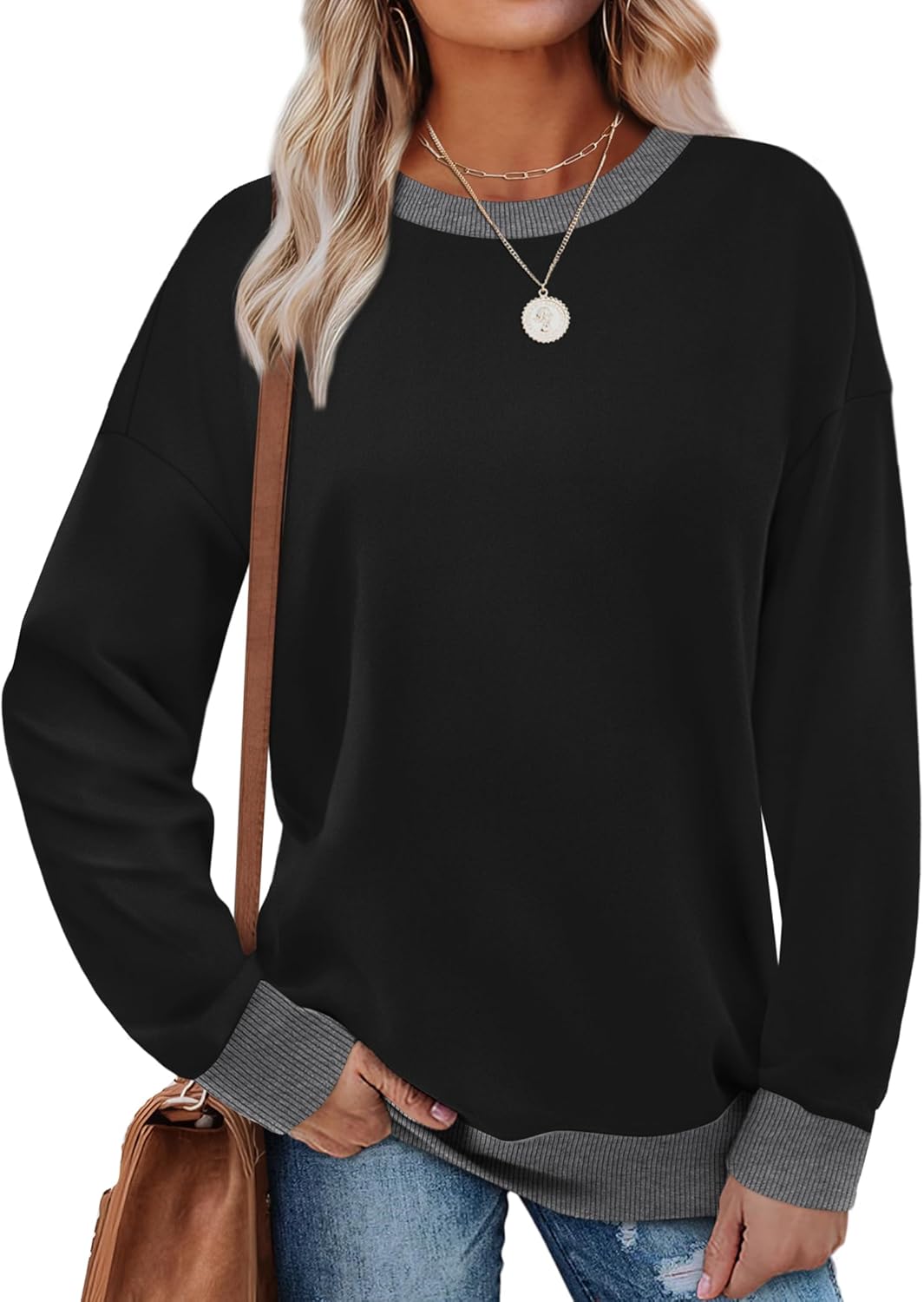Saloogoe Sweatshirts for Women Crewneck Long Sleeve Loose Fit Tops Color Block R...