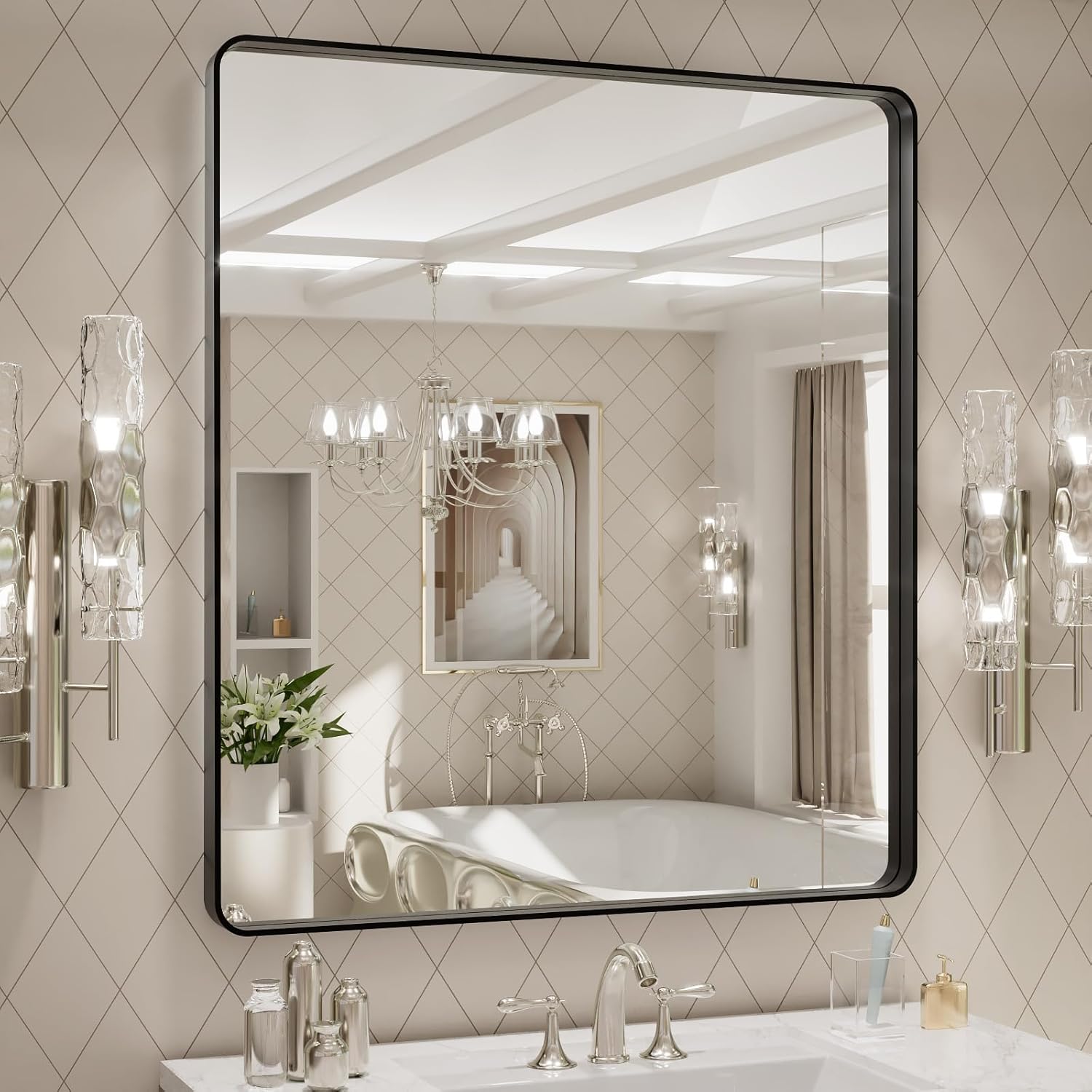 LOAAO 32x36 Inch Black Metal Framed Bathroom Mirror for Wall, Matte Black Bathro...