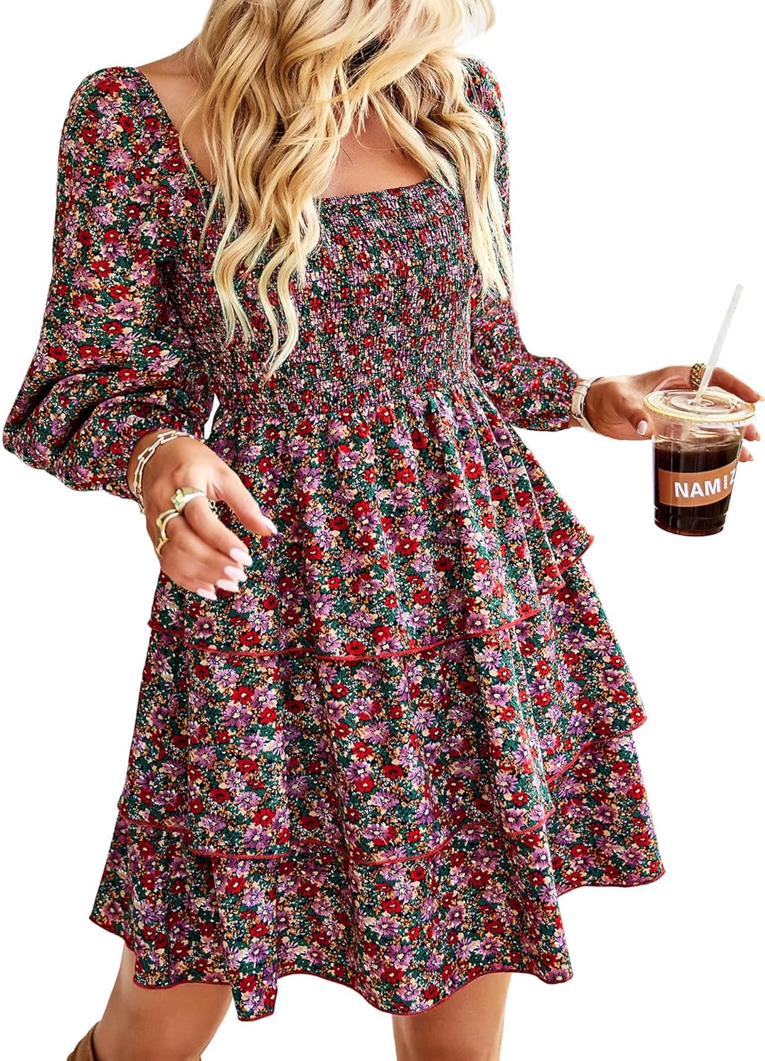 BTFBM Womens Long Sleeve Dress Vacation Square Neck Smocked Floral Swiss Dot Min...