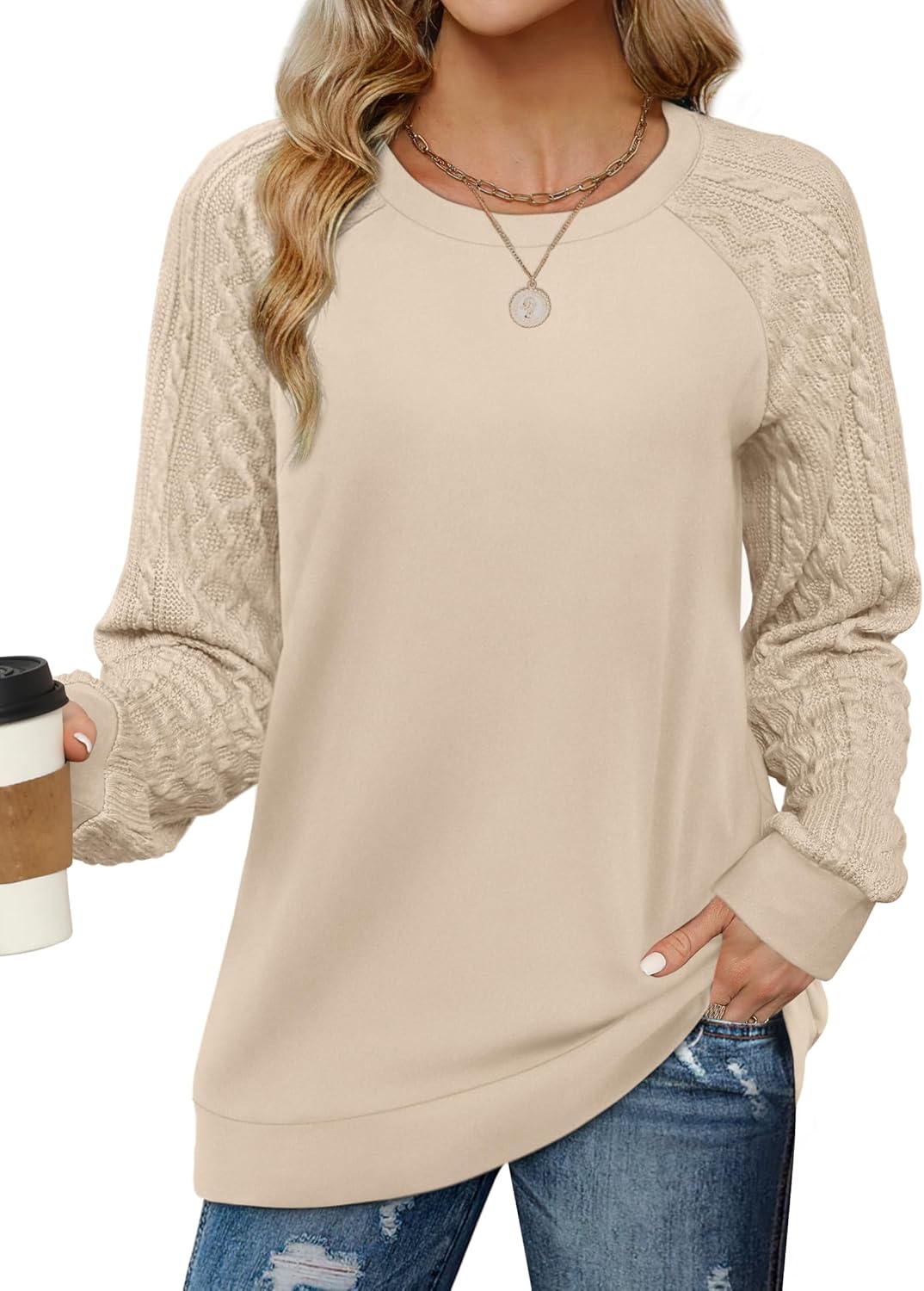 Saloogoe Sweatshirts, Special Crewneck Cable Knit Sleeve Sweaters for Women, Lig...