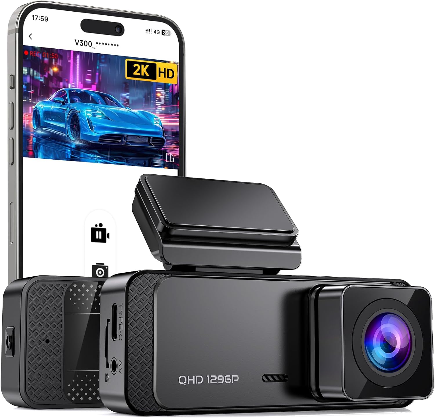 Dash Cam 1296P Front Dashcam, V300 WiFi Dash Camera for Cars with App, Night Vis...