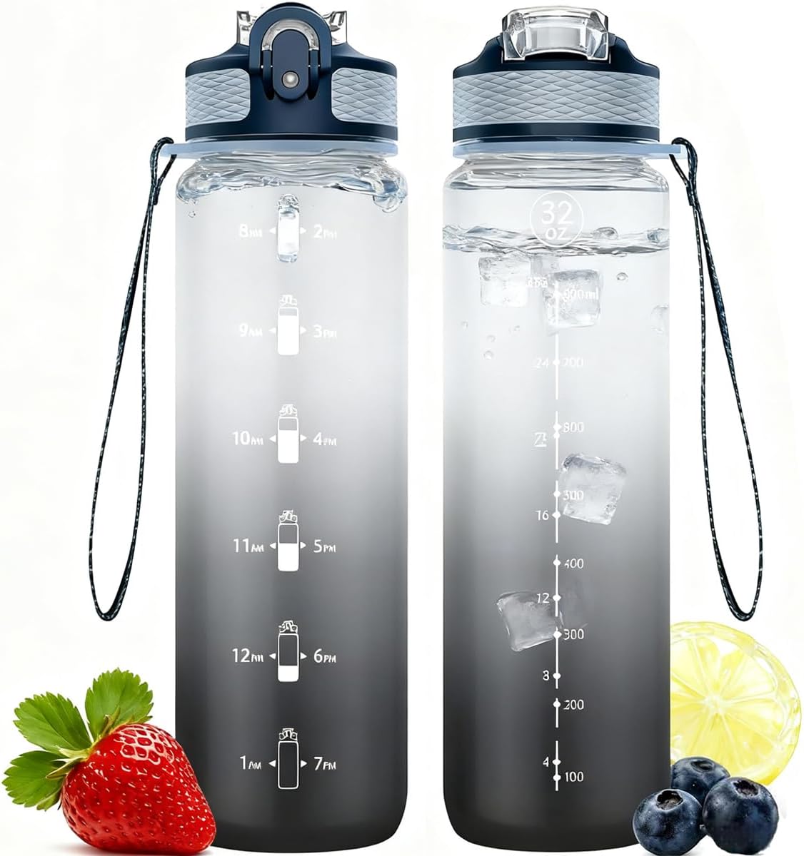 NAVTUE Water Bottle, 1L Sports Water Bottle with Straw, Time Markings, Leak Proo...