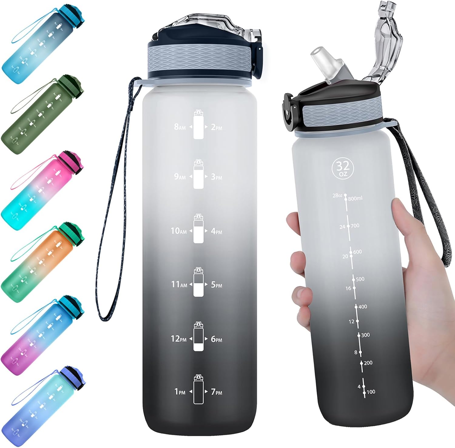 EYQ Water Bottle 1L / 500ML, 16oz / 32oz Leak-Proof Motivational Sports Drinks B...