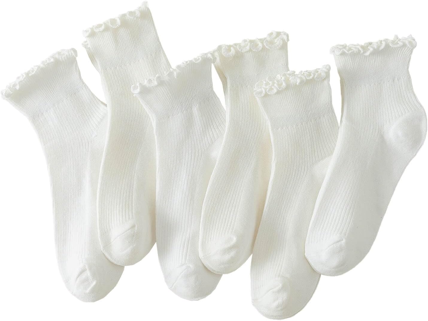Hstyle 6 Pairs of Ruffle Socks Women, Cute Ruffle Ankle Socks 5-9 White