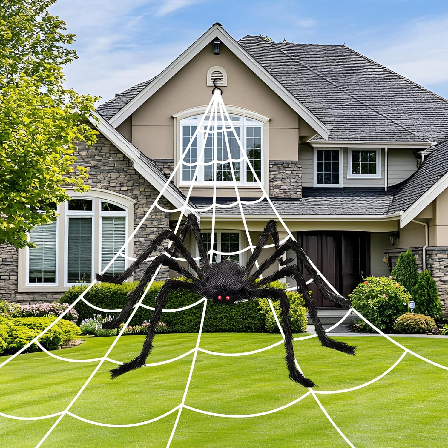 Halloween Decorations Spider Web Set,200 "*188 " Triangle Giant Spider Web & 59"...