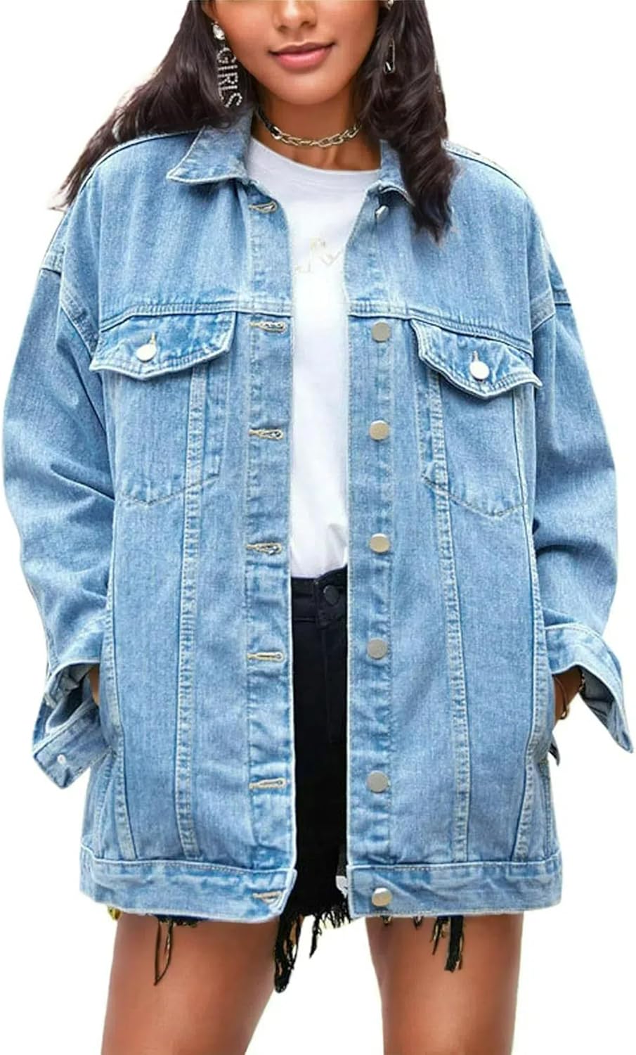 Omoone Women's Oversized Mid Long Denim Jacket Jea...