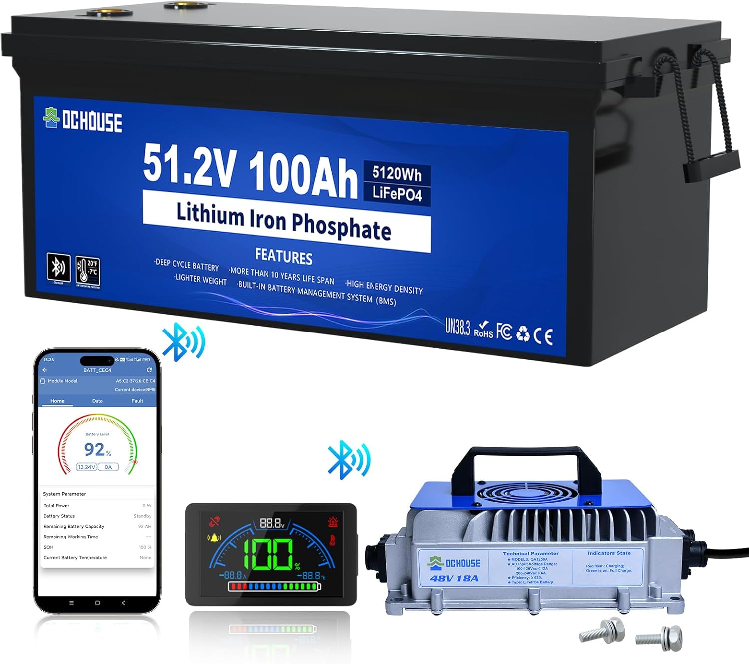 DC HOUSE 48V 100Ah Lithium Golf Cart Battery, Lifepo4 Battery with 48V 18A Lithi...