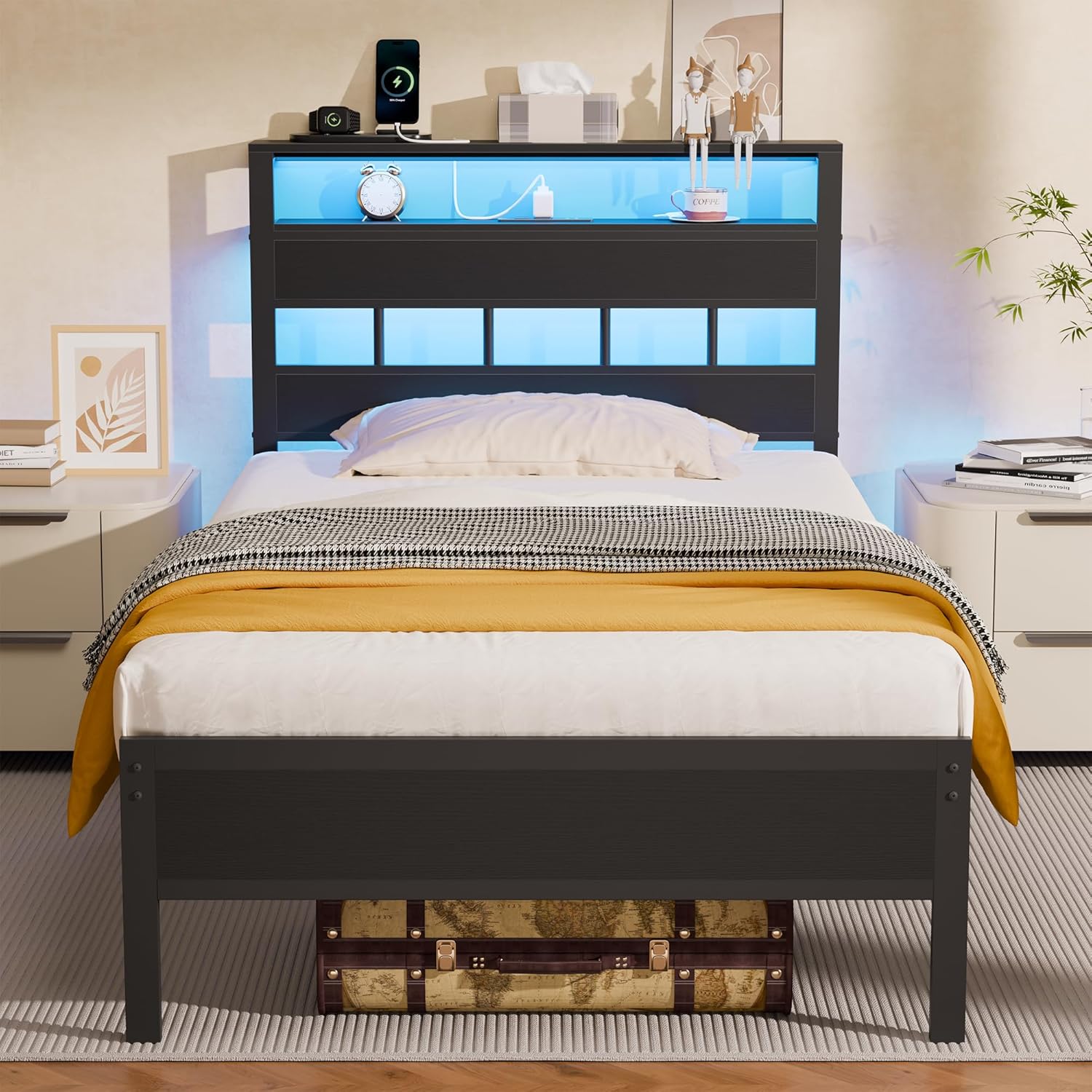 Furnulem Twin Bed Frames with Charging Station and LED Lights, Twin Size Platfor...