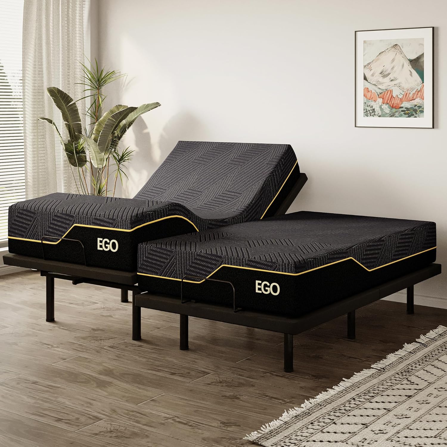 EGOHOME Split King Adjustable Bed Frame and 14" Memory Foam Mattress, Independen...