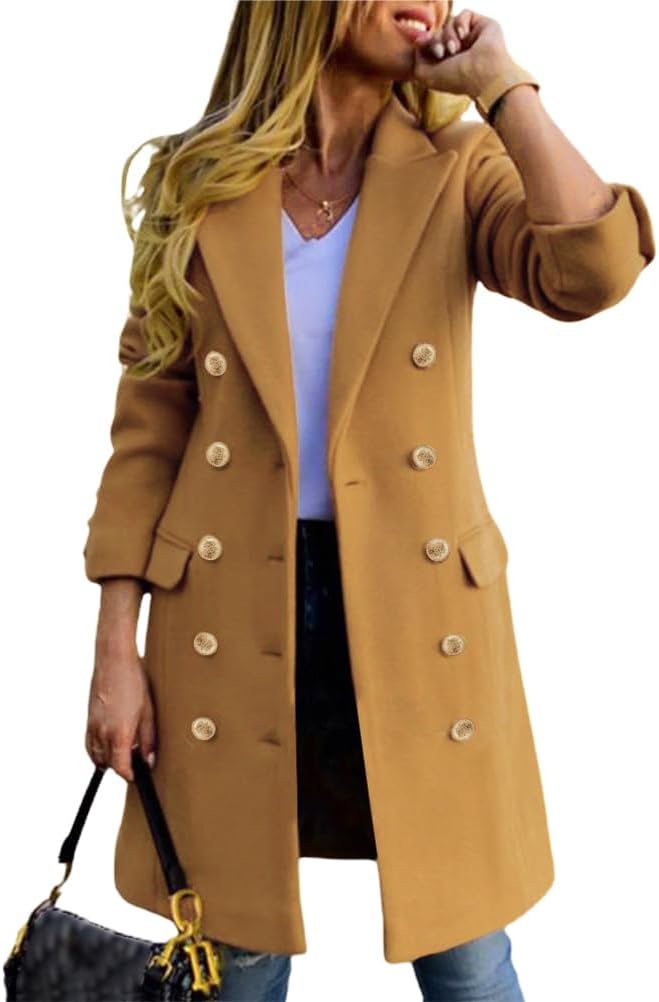 High-Quality IDEALSANXUN Womens Wool Coat, Elegant Double Breasted Midi Peacoat,...